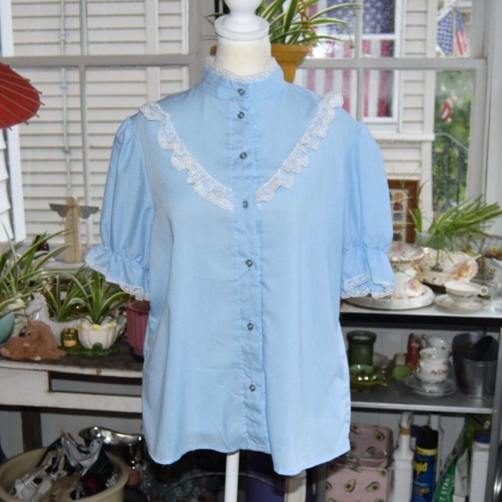 Vintage 70s 80s Blue Prairie Blouse Plus Size XL Lace Ruffle Puff Sleeve
